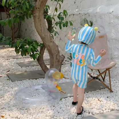 ベビー用水着 キッズ水着 ボーイズ 長袖つなぎ ワンピース+帽子セット ストライプ くま耳帽子 スイムウェア【mh0005978】