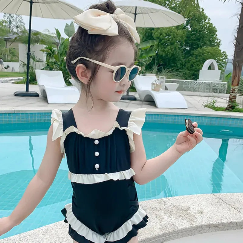 ベビー用水着 キッズ水着 ガールズ ワンピース+帽子セット ダブルフリル スイムウェア ブラック【mh0005979】