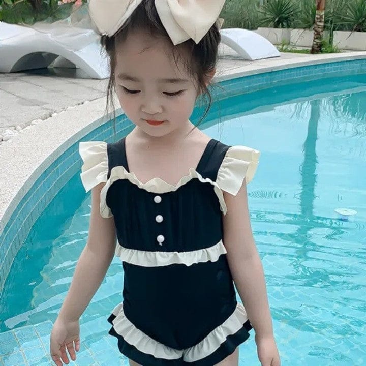 ベビー用水着 キッズ水着 ガールズ ワンピース+帽子セット ダブルフリル スイムウェア ブラック【mh0005979】