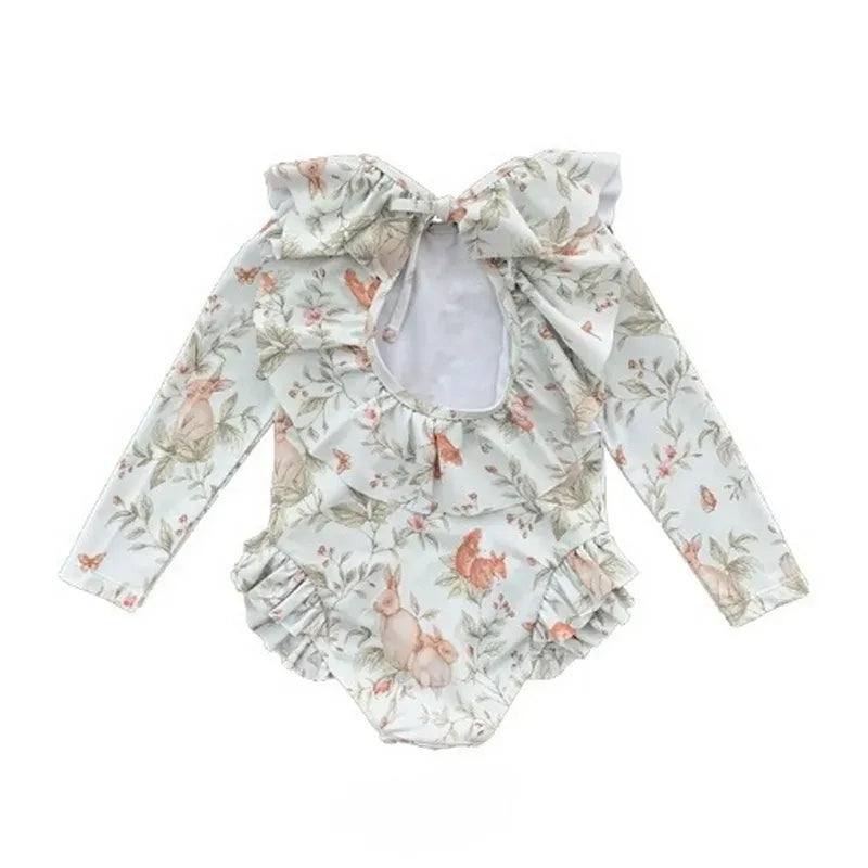 ベビー用水着 キッズ水着 ガールズ 長袖ワンピース+帽子セット フリル ラビットうさぎプリント スイムウェア【mh0005985】