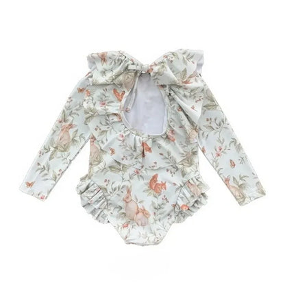 ベビー用水着 キッズ水着 ガールズ 長袖ワンピース+帽子セット フリル ラビットうさぎプリント スイムウェア【mh0005985】