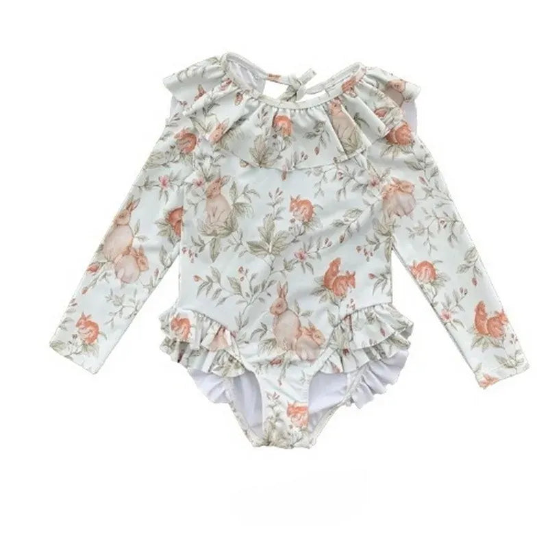 ベビー用水着 キッズ水着 ガールズ 長袖ワンピース+帽子セット フリル ラビットうさぎプリント スイムウェア【mh0005985】