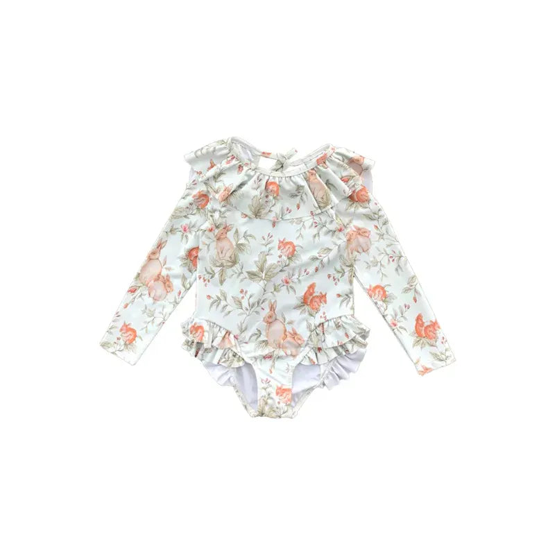 ベビー用水着 キッズ水着 ガールズ 長袖ワンピース+帽子セット フリル ラビットうさぎプリント スイムウェア【mh0005985】