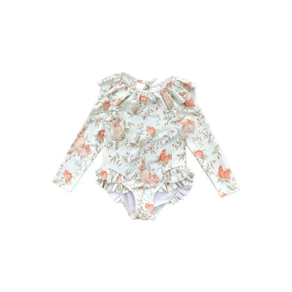 ベビー用水着 キッズ水着 ガールズ 長袖ワンピース+帽子セット フリル ラビットうさぎプリント スイムウェア【mh0005985】