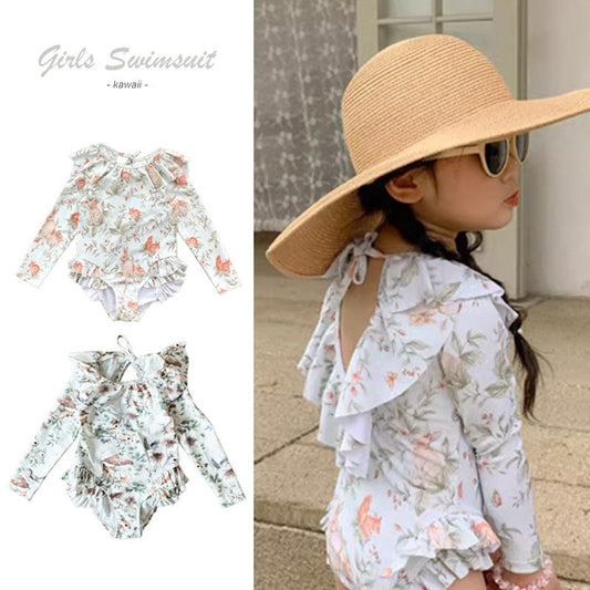 ベビー用水着 キッズ水着 ガールズ 長袖ワンピース+帽子セット フリル ラビットうさぎプリント スイムウェア【mh0005985】