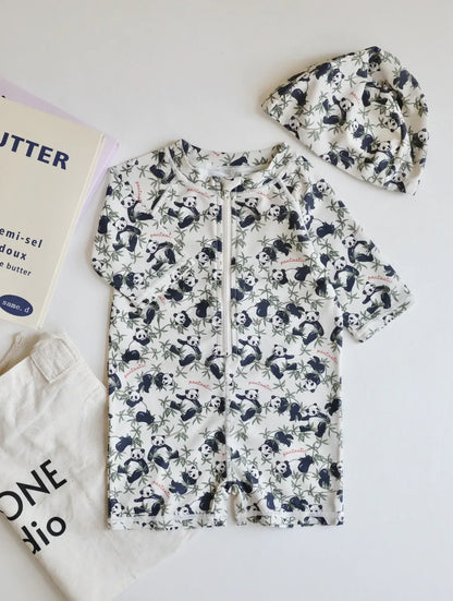 ベビー用水着 キッズ水着 ボーイズ 長袖ジップアップつなぎ ワンピース+帽子セット アニマルプリント スイムウェア【mh0005992】