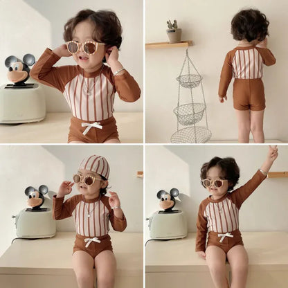 ベビー用水着 キッズ水着 ボーイズ 長袖 セパレート トップス+パンツ+帽子セット ストライプ スイムウェア【mh0005993】
