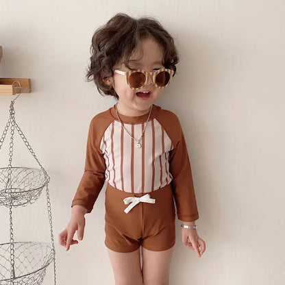 ベビー用水着 キッズ水着 ボーイズ 長袖 セパレート トップス+パンツ+帽子セット ストライプ スイムウェア【mh0005993】