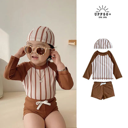 ベビー用水着 キッズ水着 ボーイズ 長袖 セパレート トップス+パンツ+帽子セット ストライプ スイムウェア【mh0005993】