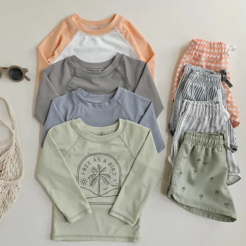 ベビー用水着 キッズ水着 ボーイズ 長袖 セパレート トップス+パンツ ストライプ/チェック スイムウェア【mh0005994】