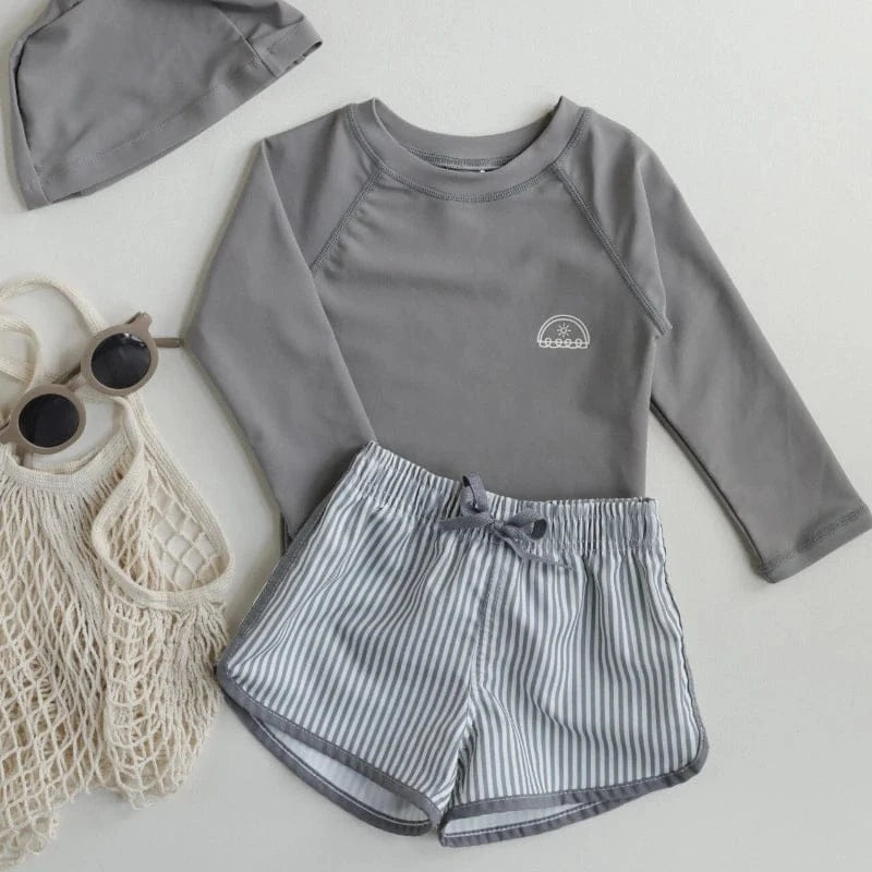 ベビー用水着 キッズ水着 ボーイズ 長袖 セパレート トップス+パンツ ストライプ/チェック スイムウェア【mh0005994】