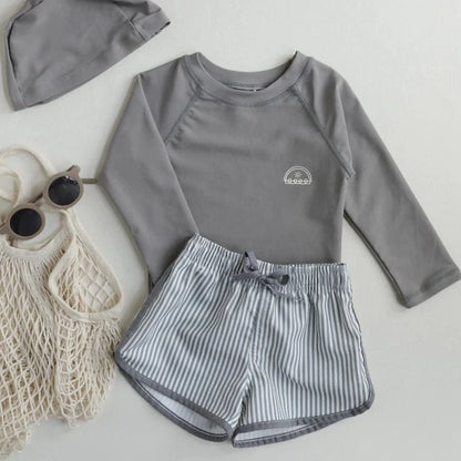 ベビー用水着 キッズ水着 ボーイズ 長袖 セパレート トップス+パンツ ストライプ/チェック スイムウェア【mh0005994】