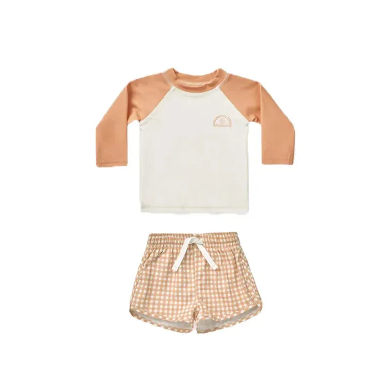 ベビー用水着 キッズ水着 ボーイズ 長袖 セパレート トップス+パンツ ストライプ/チェック スイムウェア【mh0005994】