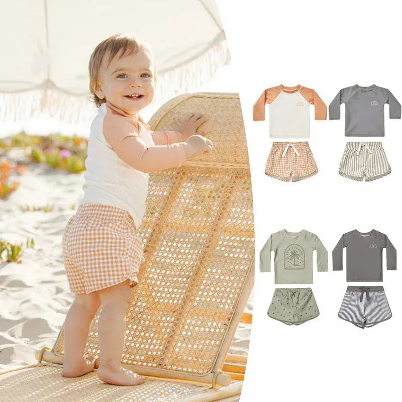 ベビー用水着 キッズ水着 ボーイズ 長袖 セパレート トップス+パンツ ストライプ/チェック スイムウェア【mh0005994】