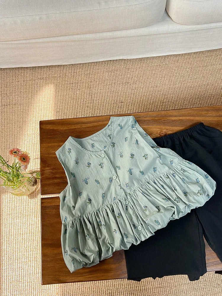 タンクトップ・キャミソール・ノースリーブトップス キッズトップス ノースリーブ バルーンチュニックブラウス フラワー花柄プリント【mh0006011】