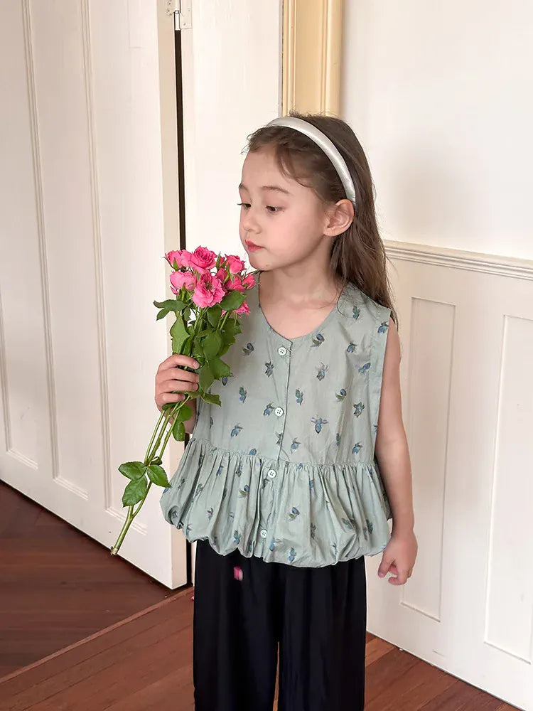 タンクトップ・キャミソール・ノースリーブトップス キッズトップス ノースリーブ バルーンチュニックブラウス フラワー花柄プリント【mh0006011】