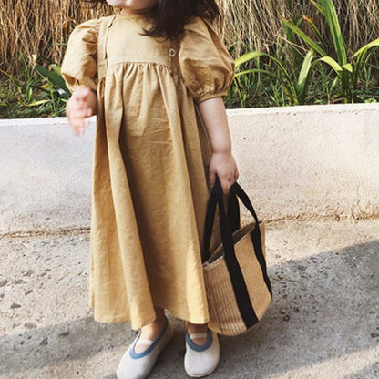 半袖ワンピース キッズワンピース 半袖パフスリーブ フロントボタンアクセント カーキ【mh0006037】