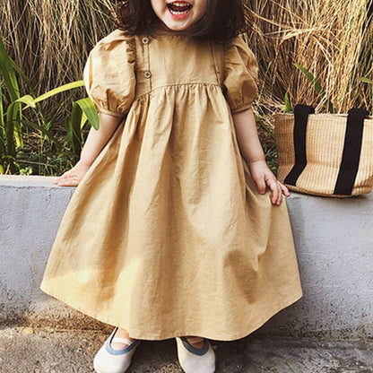 半袖ワンピース キッズワンピース 半袖パフスリーブ フロントボタンアクセント カーキ【mh0006037】
