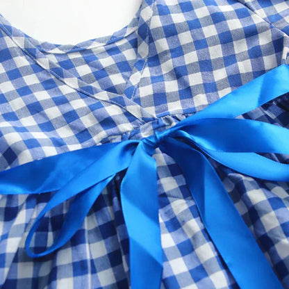 半袖ワンピース キッズワンピース 半袖パフスリーブ チェック ブルー【mh0006041】