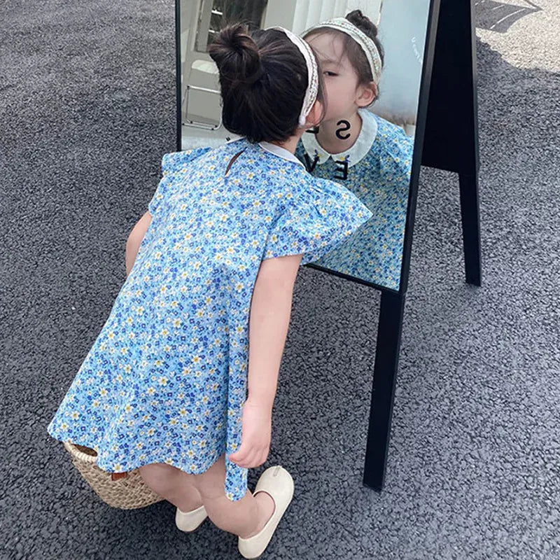 半袖ワンピース キッズワンピース 半袖フライングスリーブワンピース 丸襟 フラワー花柄プリント 刺繍 ブルー【mh0006049】