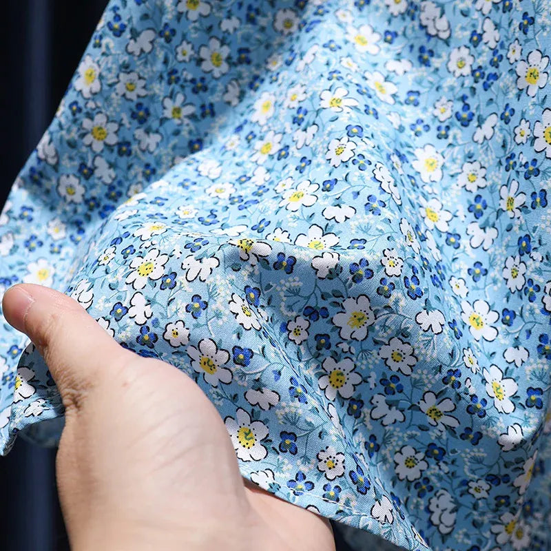 半袖ワンピース キッズワンピース 半袖フライングスリーブワンピース 丸襟 フラワー花柄プリント 刺繍 ブルー【mh0006049】