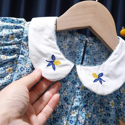 半袖ワンピース キッズワンピース 半袖フライングスリーブワンピース 丸襟 フラワー花柄プリント 刺繍 ブルー【mh0006049】