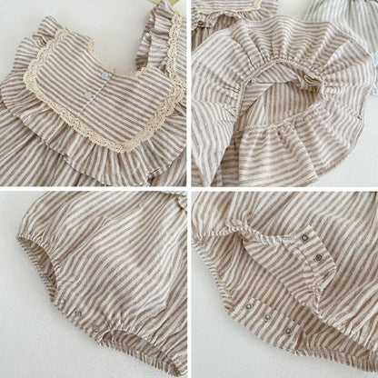 ノースリーブロンパース ベビーロンパース/キッズワンピース ノースリーブ ストライプ レースフリル サマードレス リンクコーデ 姉妹 お揃いコーデ【mh0006059】
