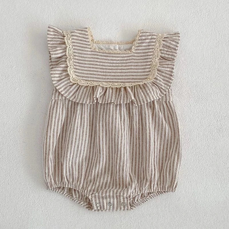 ノースリーブロンパース ベビーロンパース/キッズワンピース ノースリーブ ストライプ レースフリル サマードレス リンクコーデ 姉妹 お揃いコーデ【mh0006059】