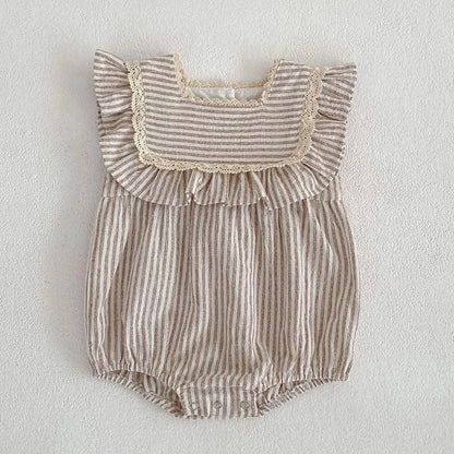 ノースリーブロンパース ベビーロンパース/キッズワンピース ノースリーブ ストライプ レースフリル サマードレス リンクコーデ 姉妹 お揃いコーデ【mh0006059】
