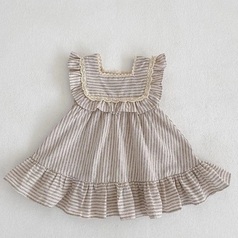 ノースリーブロンパース ベビーロンパース/キッズワンピース ノースリーブ ストライプ レースフリル サマードレス リンクコーデ 姉妹 お揃いコーデ【mh0006059】