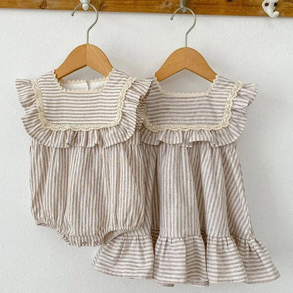 ノースリーブロンパース ベビーロンパース/キッズワンピース ノースリーブ ストライプ レースフリル サマードレス リンクコーデ 姉妹 お揃いコーデ【mh0006059】