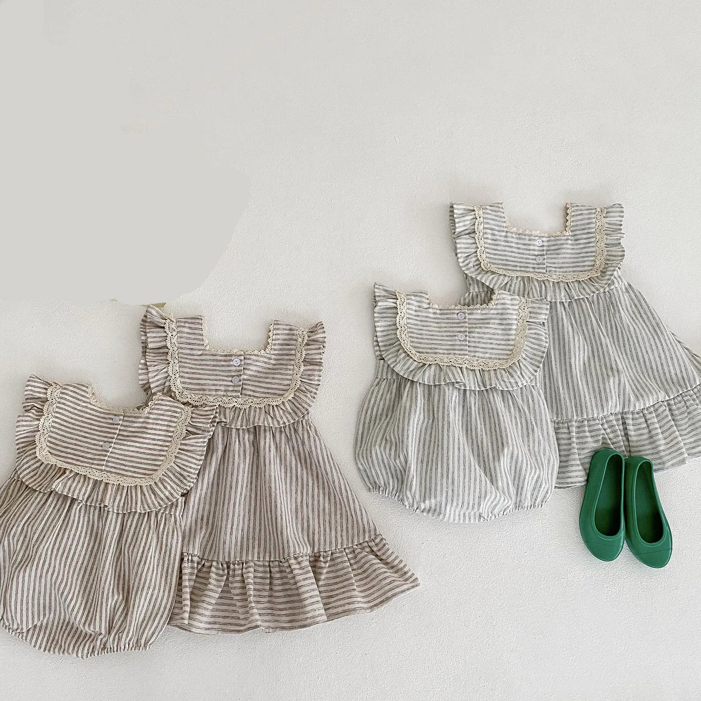 ノースリーブロンパース ベビーロンパース/キッズワンピース ノースリーブ ストライプ レースフリル サマードレス リンクコーデ 姉妹 お揃いコーデ【mh0006059】