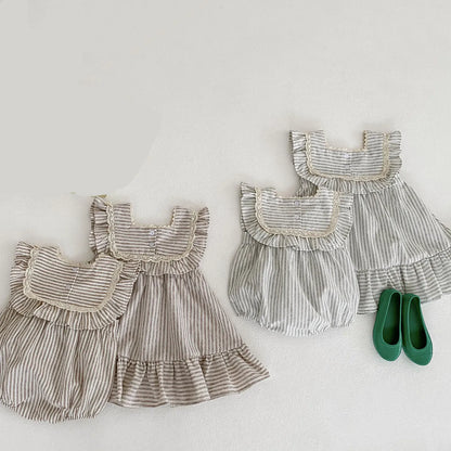 ノースリーブロンパース ベビーロンパース/キッズワンピース ノースリーブ ストライプ レースフリル サマードレス リンクコーデ 姉妹 お揃いコーデ【mh0006059】