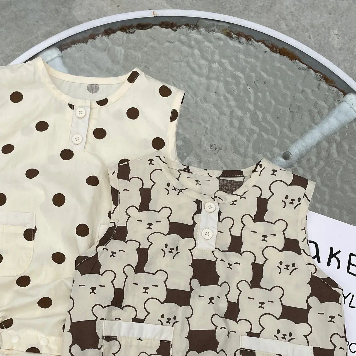 ノースリーブロンパース ベビーロンパース ノースリーブボディスーツ 水玉ドット/ベアくまプリント【mh0006060】
