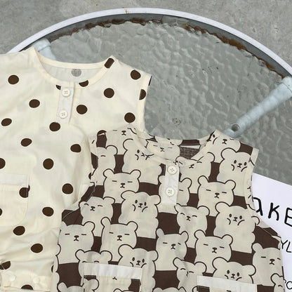 ノースリーブロンパース ベビーロンパース ノースリーブボディスーツ 水玉ドット/ベアくまプリント【mh0006060】