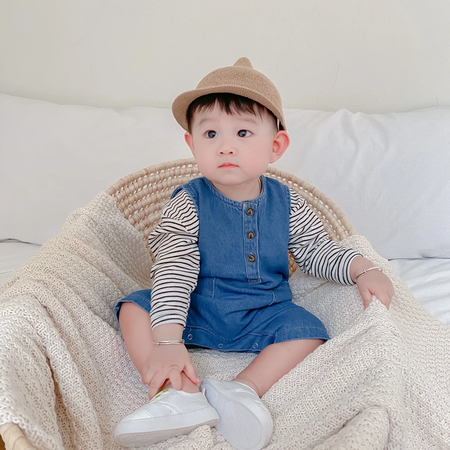 ノースリーブジャンプスーツ ベビージャンプスーツ デニム ノースリーブボディスーツ つなぎ【mh0006061】