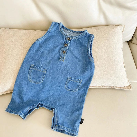 ノースリーブジャンプスーツ ベビージャンプスーツ デニム ノースリーブボディスーツ つなぎ【mh0006061】