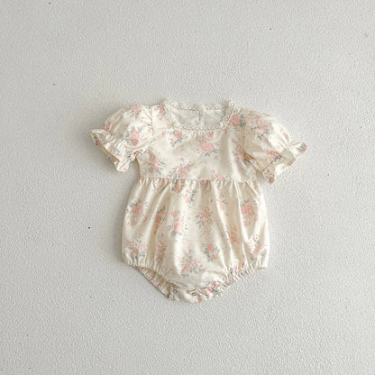 半袖ロンパース ベビーロンパース 半袖パフスリーブボディスーツ フラワー花柄プリント【mh0006062】