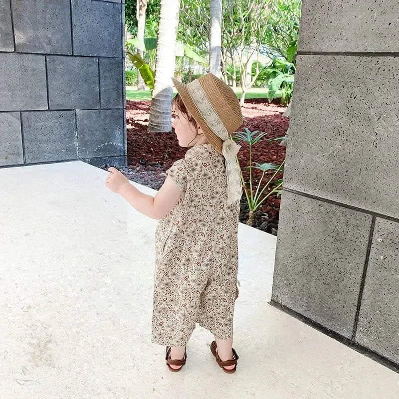 ノースリーブジャンプスーツ キッズジャンプスーツ ノースリーブ襟付きつなぎ フラワー花柄プリント【mh0006071】