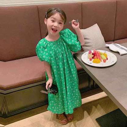 半袖ワンピース キッズワンピース 半袖パフスリーブルーズワンピース グリーン【mh0006110】
