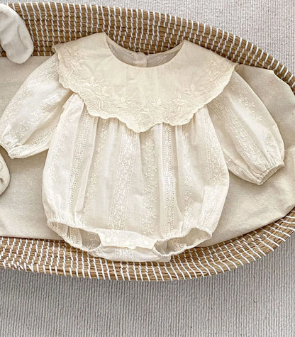 長袖ロンパース ベビーロンパース キッズワンピース 刺繍レース 長袖ドレス リンクコーデ 姉妹お揃い お出かけ ベージュ【mh0006169】