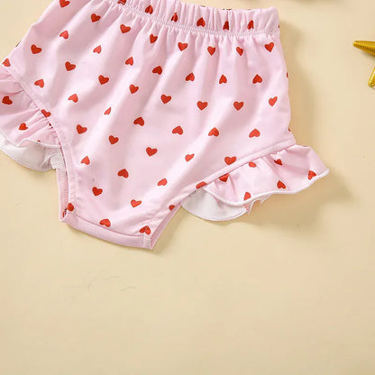 ベビー用水着 ベビー水着 ビキニセット キャミソールトップス+パンツ+帽子 ピンク ハートプリント ガールズ スイムウェア【mh0006174】