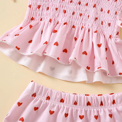 ベビー用水着 ベビー水着 ビキニセット キャミソールトップス+パンツ+帽子 ピンク ハートプリント ガールズ スイムウェア【mh0006174】