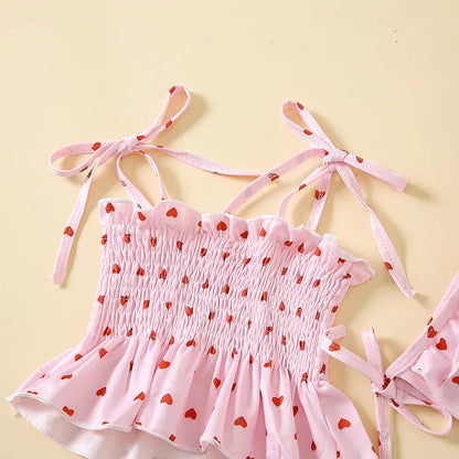 ベビー用水着 ベビー水着 ビキニセット キャミソールトップス+パンツ+帽子 ピンク ハートプリント ガールズ スイムウェア【mh0006174】