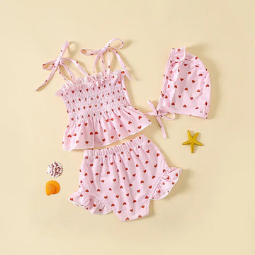 ベビー用水着 ベビー水着 ビキニセット キャミソールトップス+パンツ+帽子 ピンク ハートプリント ガールズ スイムウェア【mh0006174】