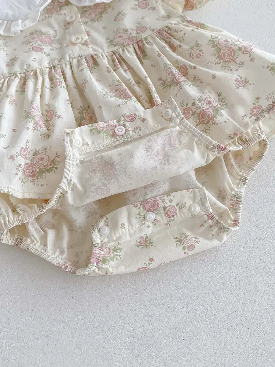 半袖ロンパース ベビーロンパース 半袖パフスリーブ フリル丸襟ブラウス スカートボディスーツ アプリコット【mh0006189】