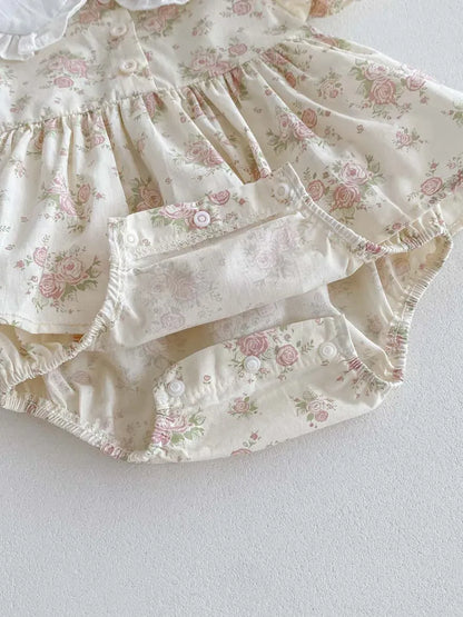 半袖ロンパース ベビーロンパース 半袖パフスリーブ フリル丸襟ブラウス スカートボディスーツ アプリコット【mh0006189】