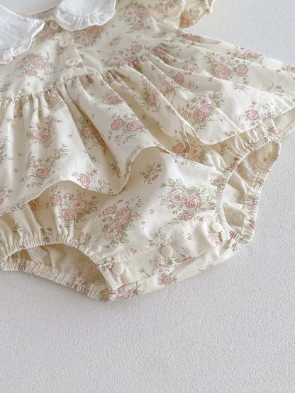 半袖ロンパース ベビーロンパース 半袖パフスリーブ フリル丸襟ブラウス スカートボディスーツ アプリコット【mh0006189】