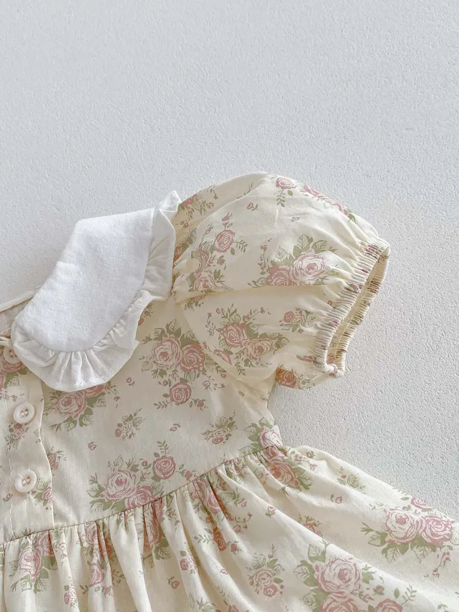 半袖ロンパース ベビーロンパース 半袖パフスリーブ フリル丸襟ブラウス スカートボディスーツ アプリコット【mh0006189】