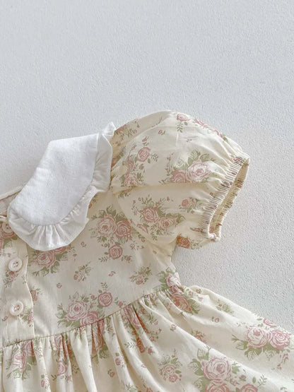 半袖ロンパース ベビーロンパース 半袖パフスリーブ フリル丸襟ブラウス スカートボディスーツ アプリコット【mh0006189】